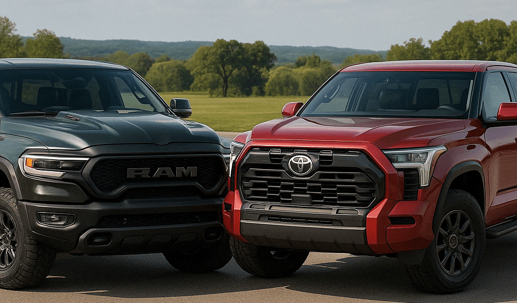 Side-by-side view of a 2025 RAM 1500 and Toyota Tundra on a scenic road.