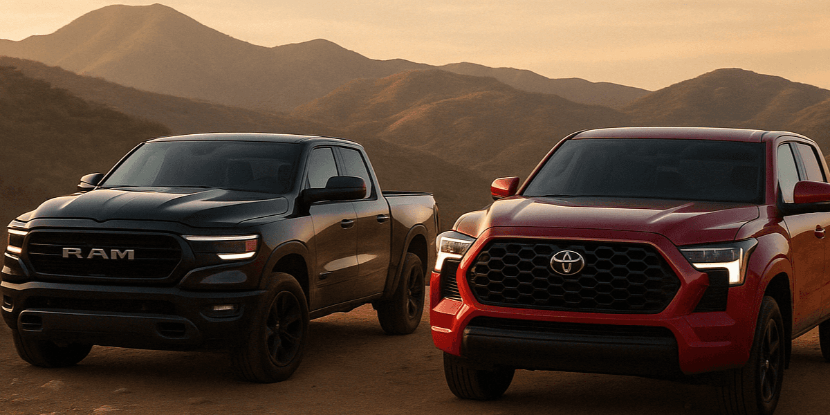 Two full-size pickup trucks, a dark gray RAM 1500 and a red Toyota Tundra, parked side by side on a rugged dirt trail with mountains in the background at sunset.