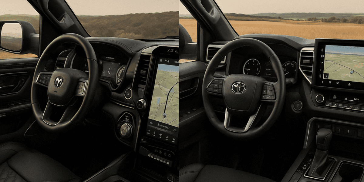 Side-by-side view of the 2025 RAM 1500 and Toyota Tundra interiors, showcasing contrasting dashboard designs, touchscreen displays, and front seat materials.