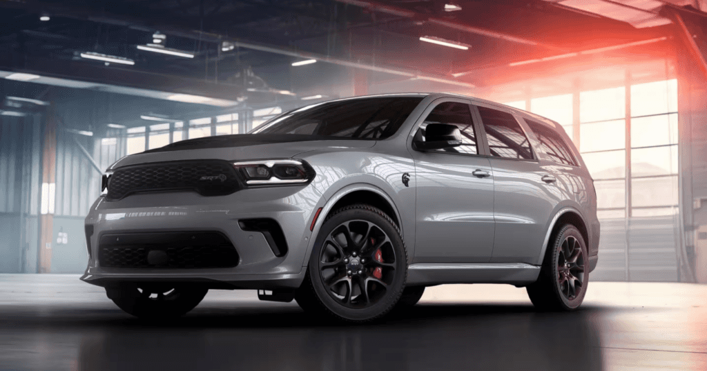 A silver 2026 Dodge Durango SRT SUV parked indoors, featuring black wheels with red brake calipers and a sporty front design.