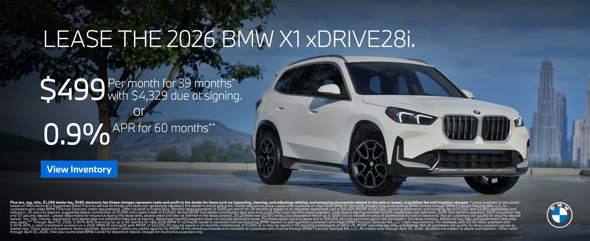 Lease the 2026 BMW X1 xDRIVE28i - \$499 for 39 months - View Inventory