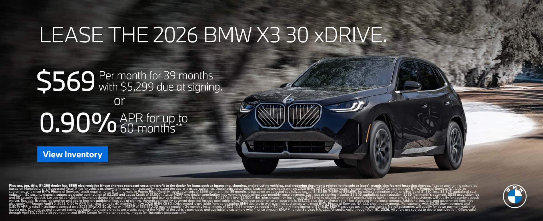 Lease the 2026 BMW X3 30 xDRIVE - \$569 for 39 months - View Inventory