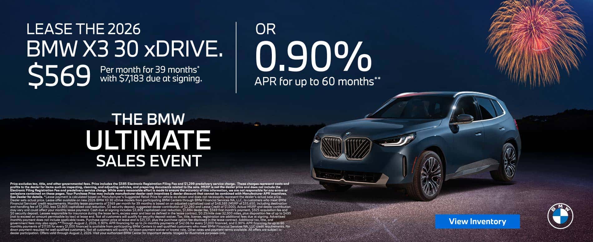LEASE THE 2026 BMW X3 30 xDRIVE. $569 for 39 months* $7,183 due at signing OR 0.90% APR for up to 60 Months**