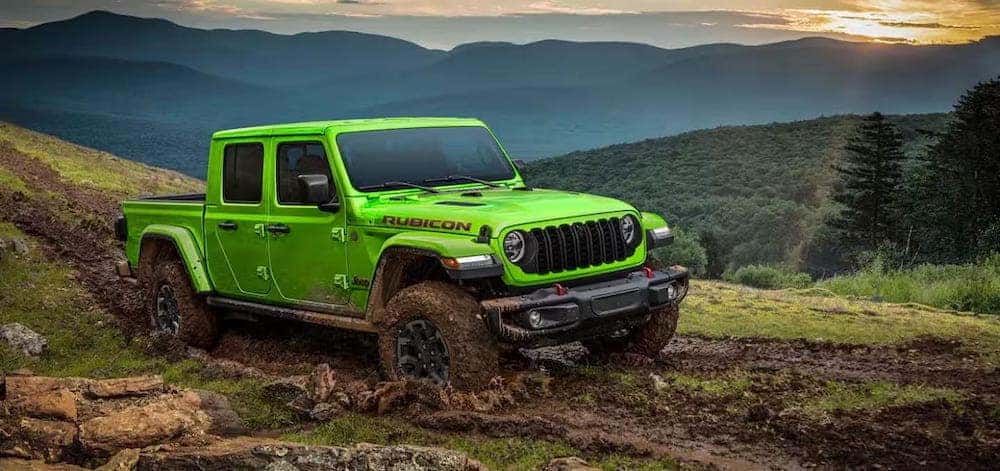 Green jeep gladiator driving through grass terrain