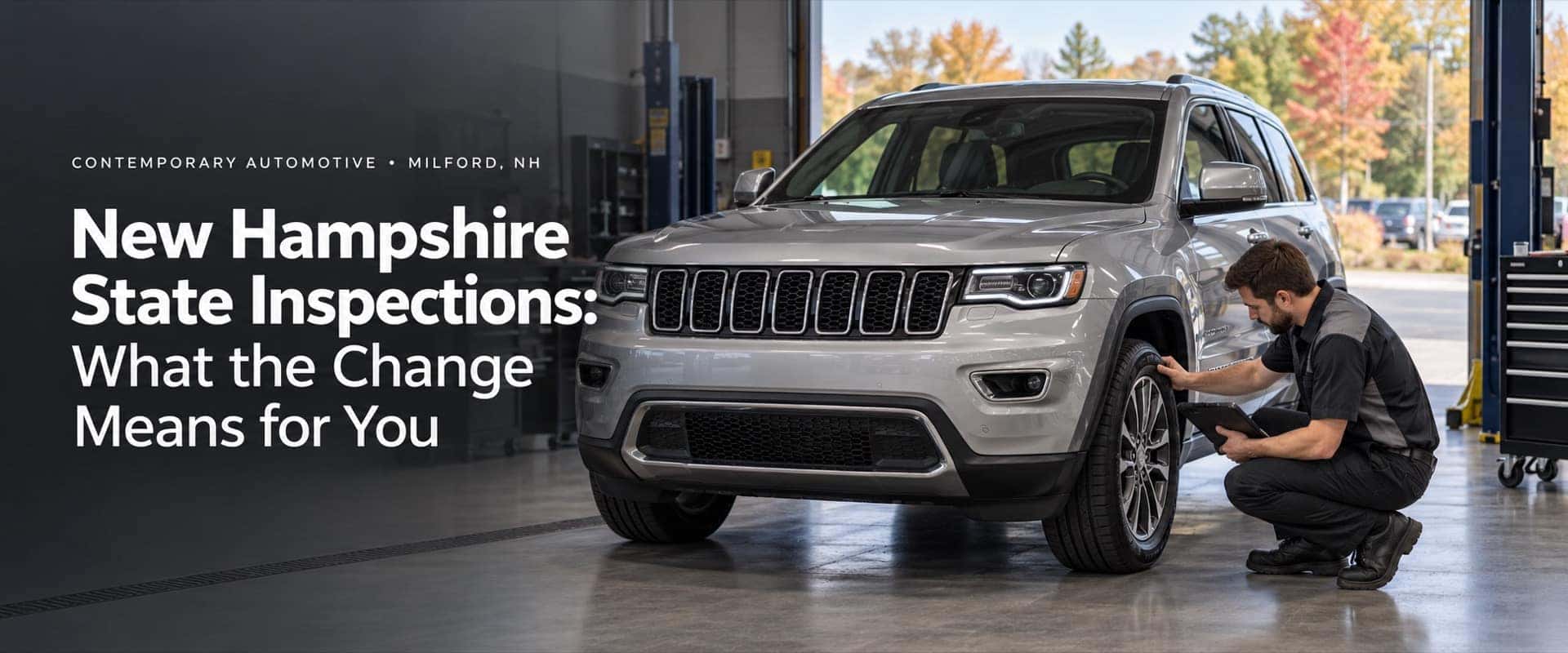 Technician inspecting the tire of a Jeep Grand Cherokee in the Contemporary Automotive service bay in Milford, NH