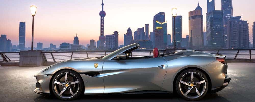 Ferrari Portofino M with a skyline in the background