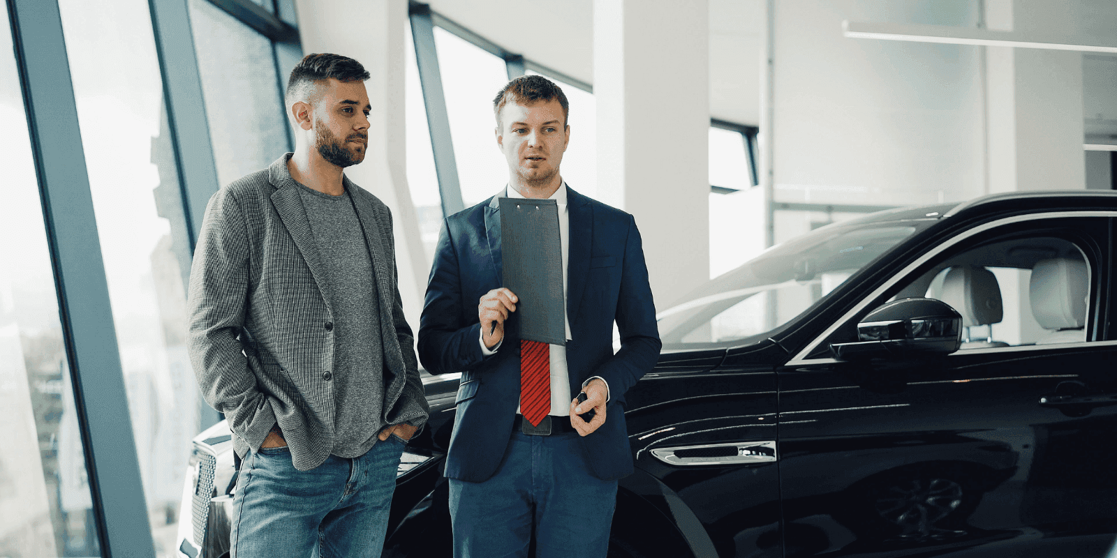 Two men interacting discussing car trade-in value
