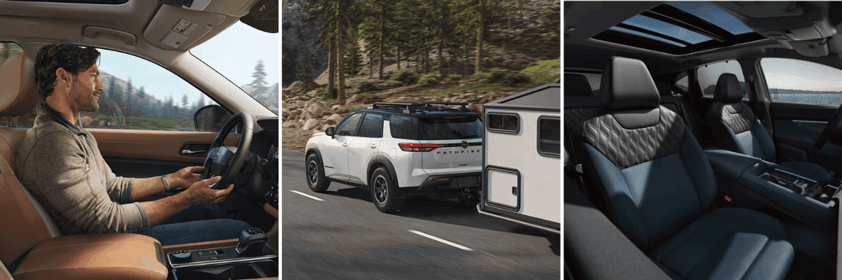 Three images of a man driving, a Nissan SUV towing an RV and car interior