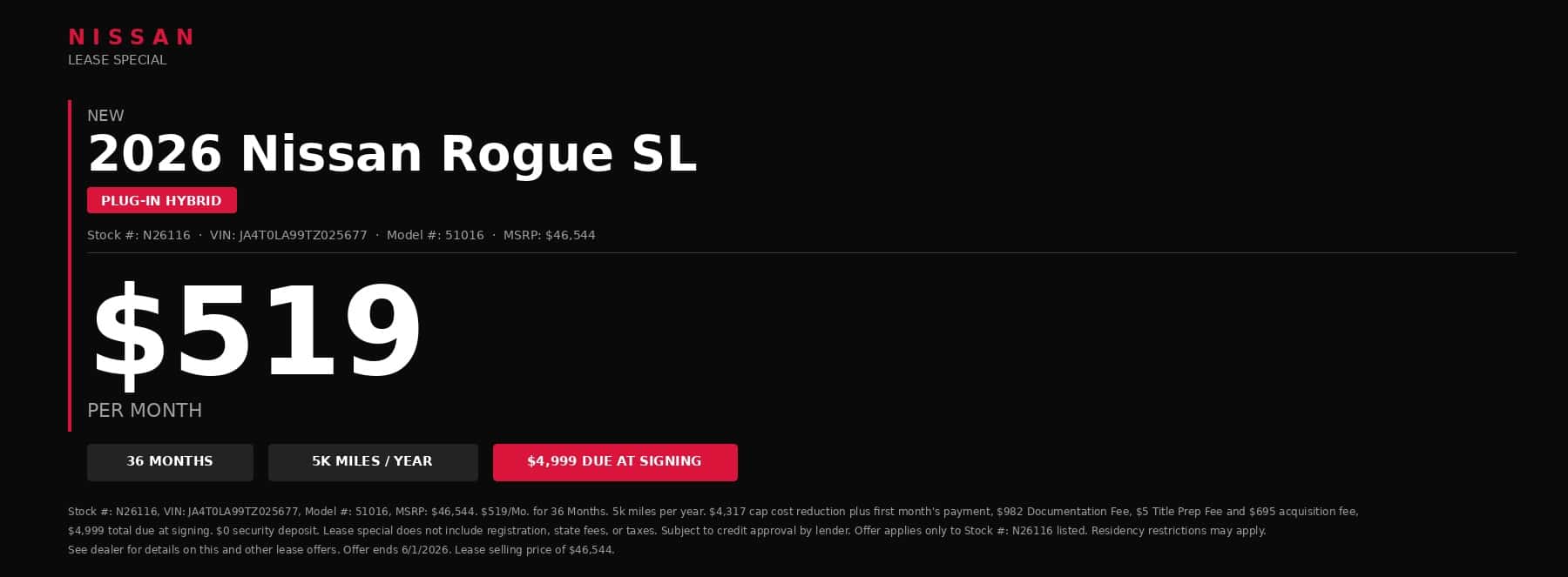 2026 nissan rogue sl plug in hybrid $519/mo