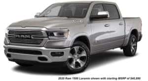 A silver 2020 Ram 1500 Laramie is angled left.