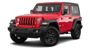 A red 2021 Jeep Wrangler is angled left.