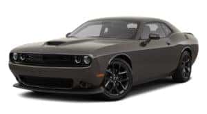 A dark grey 2021 Dodge Challenger is angled left.
