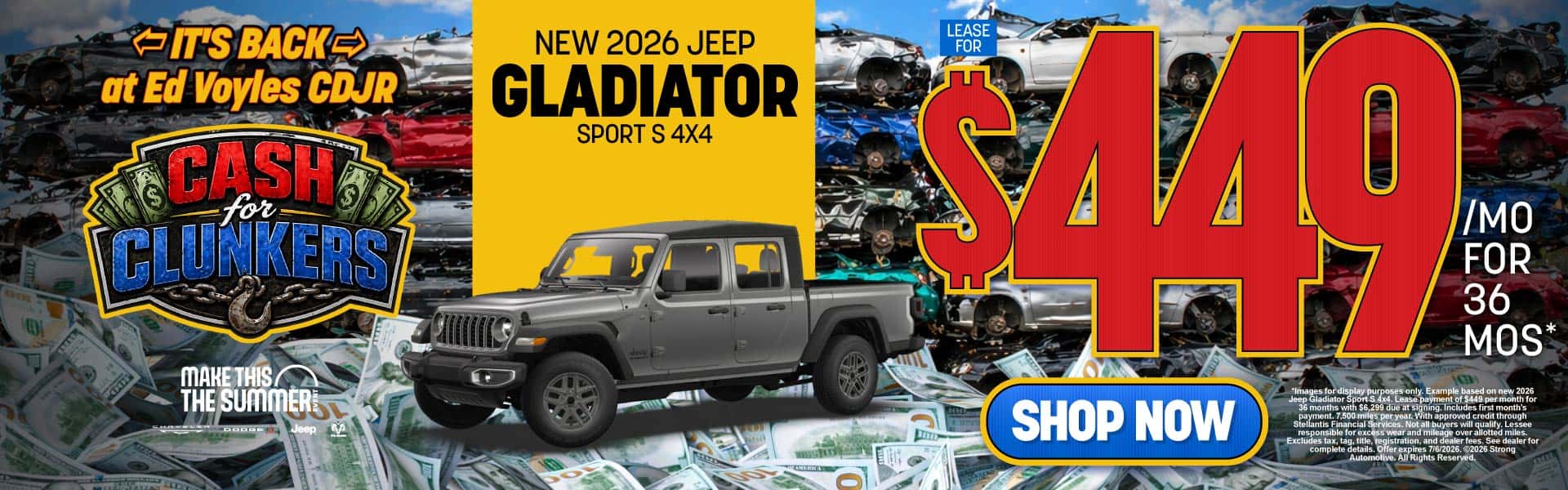 NEW 2026 JEEP GLADIATOR SPORT S 4X4 LEASE FOR $449/MONTH FOR 36 MONTHS*