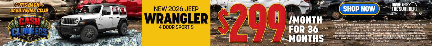 NEW 2026 JEEP WRANGLER 4 DOOR SPORT S LEASE FOR $299/MONTH FOR 36 MONTHS*