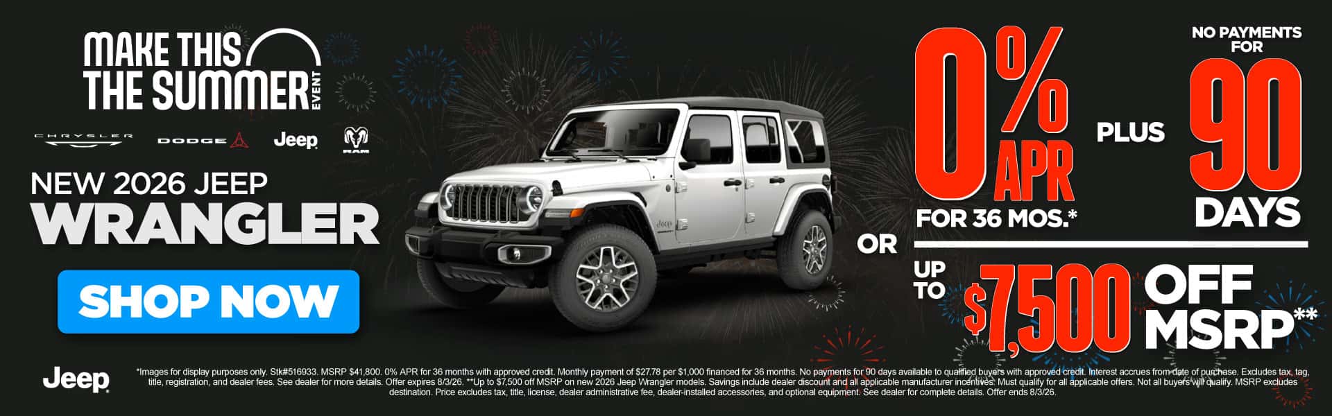 NEW 2026 Jeep Wrangler "0% APR for 36 months + No Payments For 90 Days* OR Up to $7,500 Off MSRP**"