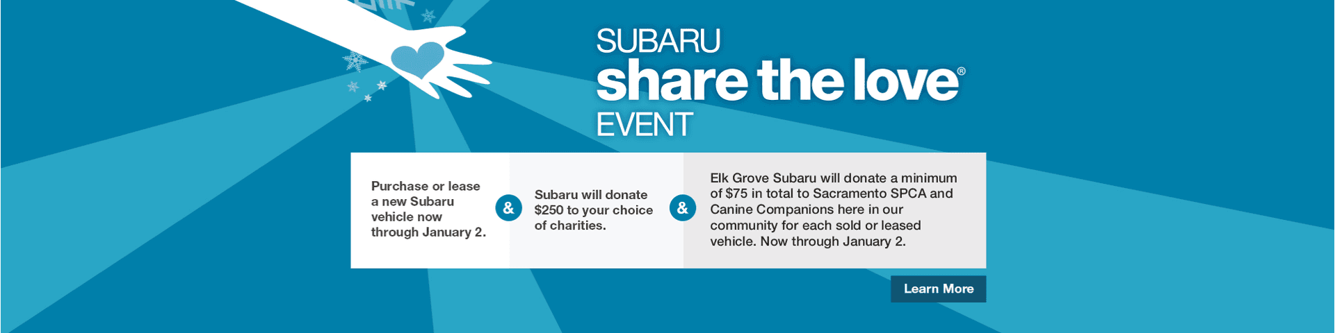 a. Hand holding blue heart. Subaru Share the Love Event. Learn More button.