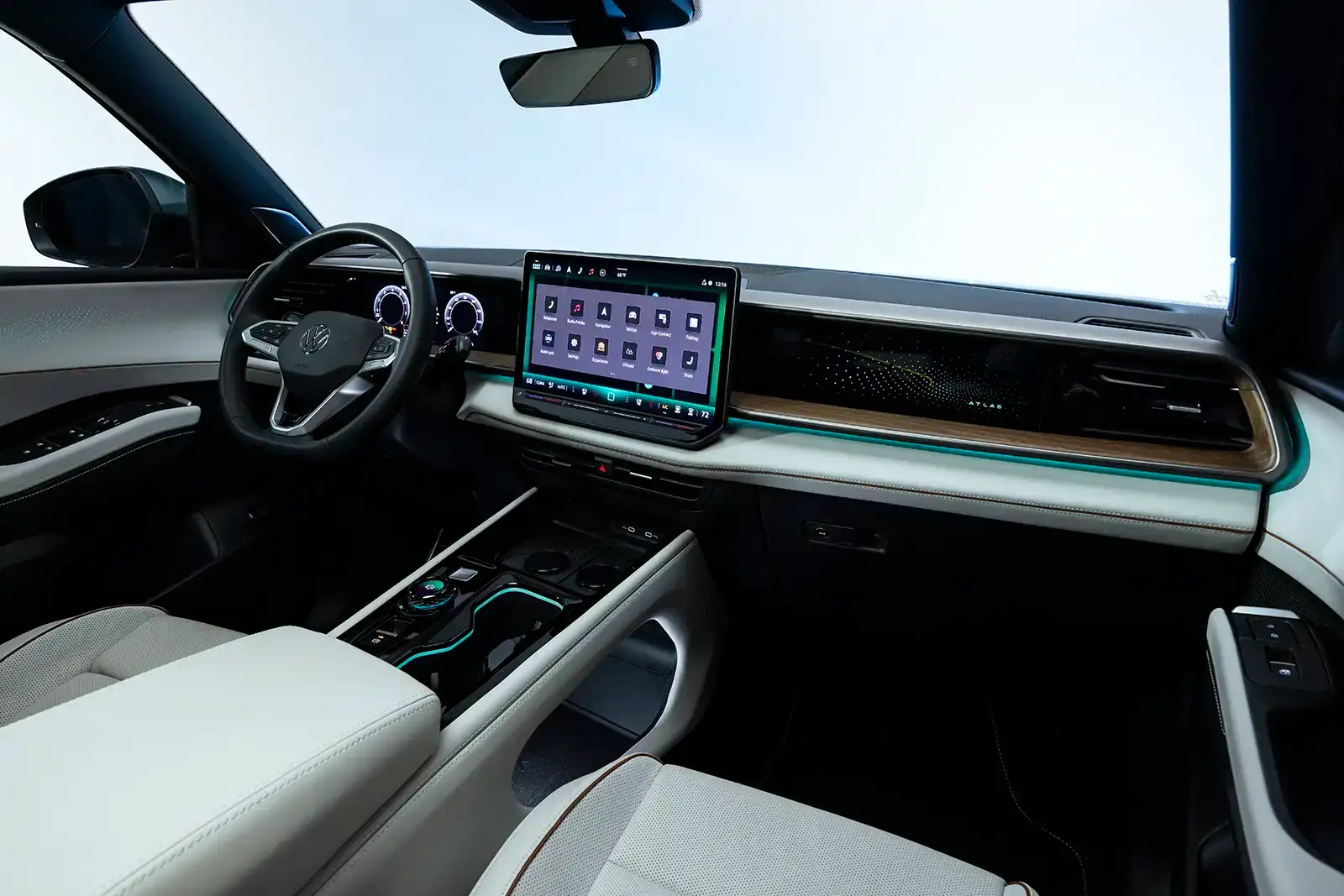 Interior of the 2027 Volkswagen Atlas with large touchscreen and premium cabin materials