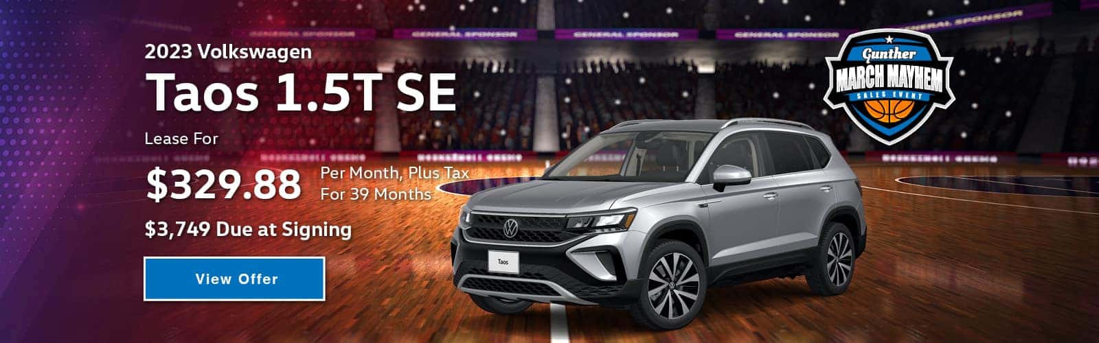 Lease a 2023 Volkswagen Taos 1.5T SE for $329.88 per month plus tax for 39 months with $3,749 Due at signing. Available on new, unused 2023 Volkswagen Tiguan 2.0T SE SUV models financed by Volkswagen Credit through participating dealers only. Not all customers will qualify for credit approval or advertised lease payment. Offer ends March 31, 2023. Monthly lease payment based on Stock # V15363, MSRP of $33,816, Selling price of $32,473. Excludes tax, title, license, options, and dealer fees. Additional fees of $989 dealer fee, $395 electronic filing fee, first month’s payment, customer down payment of $3,495, taxes and tags. At lease end, lessee responsible for mileage fees over 7,500 miles and excessive wear and use. See Gunther Volkswagen for complete details.