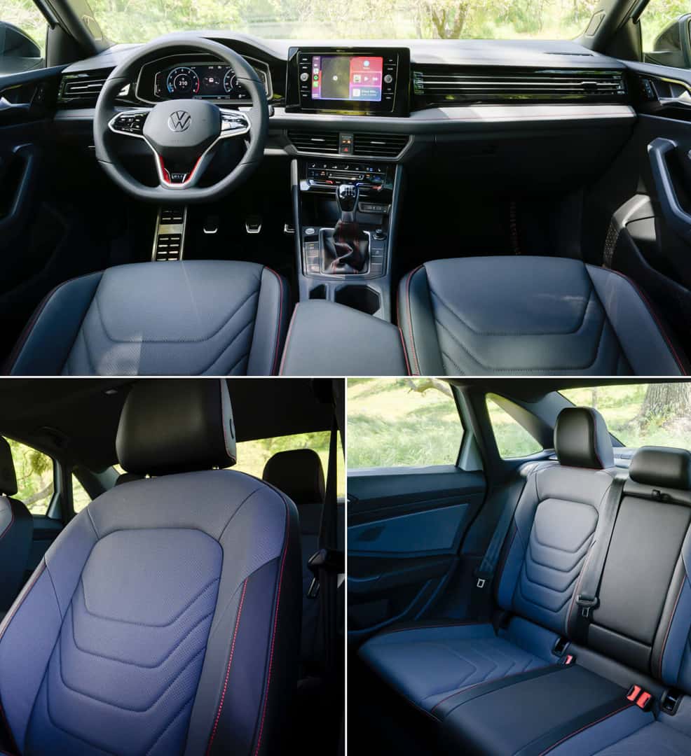 Volkswagen Jetta GLI Autobahn Black Package interior in Titan Black Leather with touchscreen infotainment on dashboard.