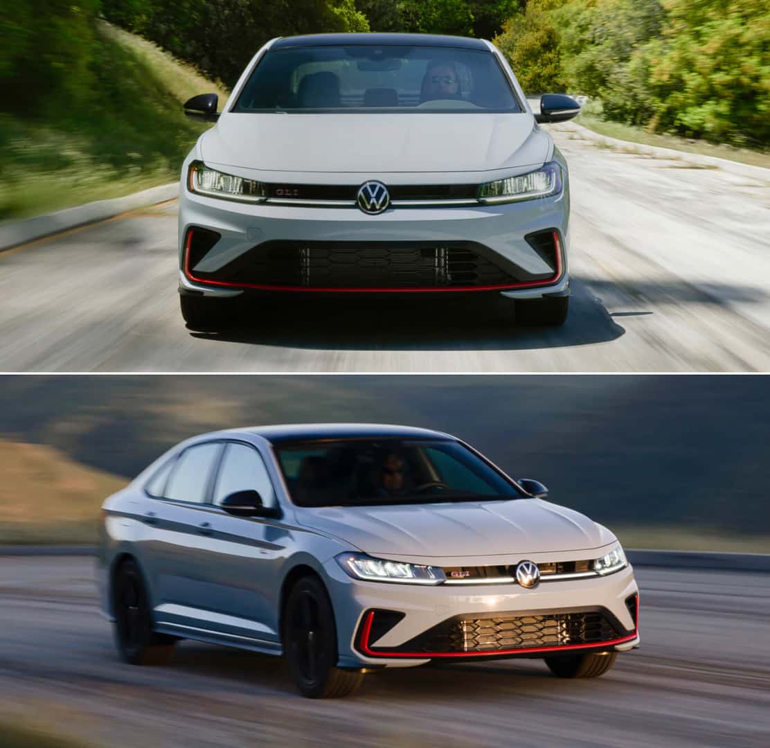 Volkswagen Jetta GLI Autobahn Black Package exterior in Pure Gray on a paved mountain road.