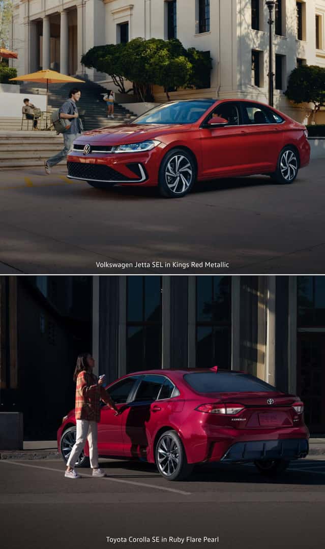 VW Jetta SEL in Kings Red showing ext features, Toyota Corolla SE in Ruby Flare showing ext features