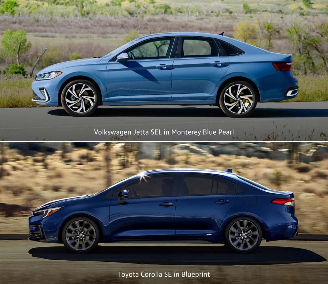 Jetta SEL in Monterey Blue Pearl and Toyota Corolla SE in Blueprint showing ext features