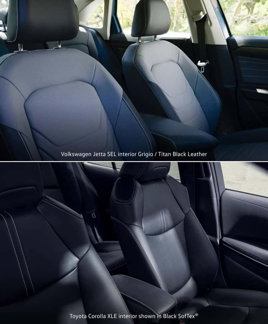 VW Jetta SEL in Grigio/Titan Black showing int features, Toyota Corolla XLE in Black SofTex showing int features