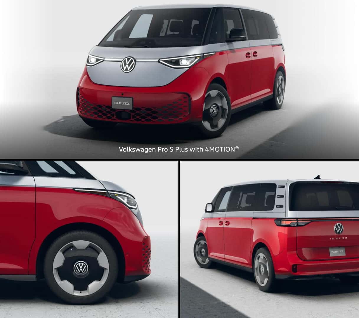 Three-angle view of a red and silver Volkswagen ID. Buzz Pro S Plus with 4MOTION. The front, side, and rear designs highlight sleek modernity.
