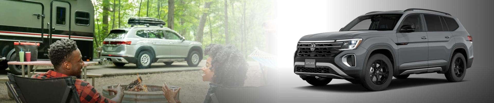 2026 Volkswagen Atlas with a camping scene highlighting towing capability.
