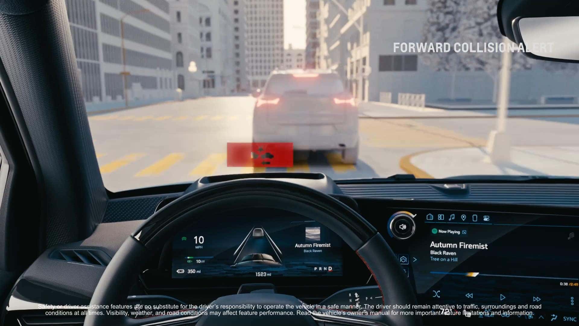 A digital dashboard display showing a forward collision alert while driving in an urban environment.