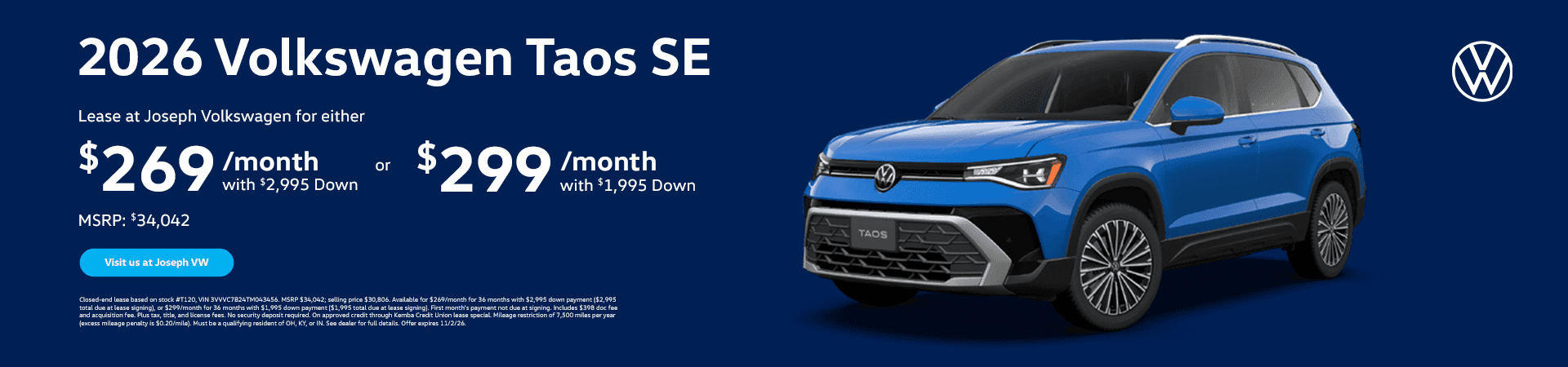 Lease A 2026 Taos SE At Joseph Volkswagen.