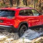 Image of a red 2019 Jeep Cherokee driving through a creek.