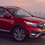 A 2020 Honda CR-V parked on a hill with a city in the background