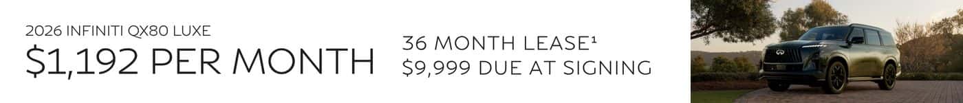 Limit one at this price. Subject to prior sale | Closed-End Lease | On Approved Credit | STK# QX430785 | VIN: JN8AZ3BB9T9430785 | MSRP $98,275 | $1,192 Per Month | 36 Months | 10,000 Miles Per Year | $9,999 Total Due At Signing | $0 Security Deposit | Tax, Title & License Extra | Price Includes Dealer Handling | Offer Expires 06.30.26.