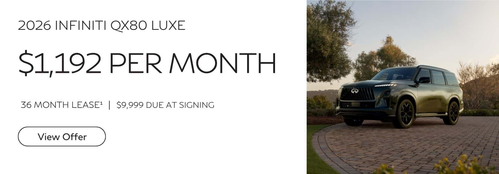 Limit one at this price. Subject to prior sale | Closed-End Lease | On Approved Credit | STK# QX430785 | VIN: JN8AZ3BB9T9430785 | MSRP $98,275 | $1,192 Per Month | 36 Months | 10,000 Miles Per Year | $9,999 Total Due At Signing | $0 Security Deposit | Tax, Title & License Extra | Price Includes Dealer Handling | Offer Expires 06.30.26.