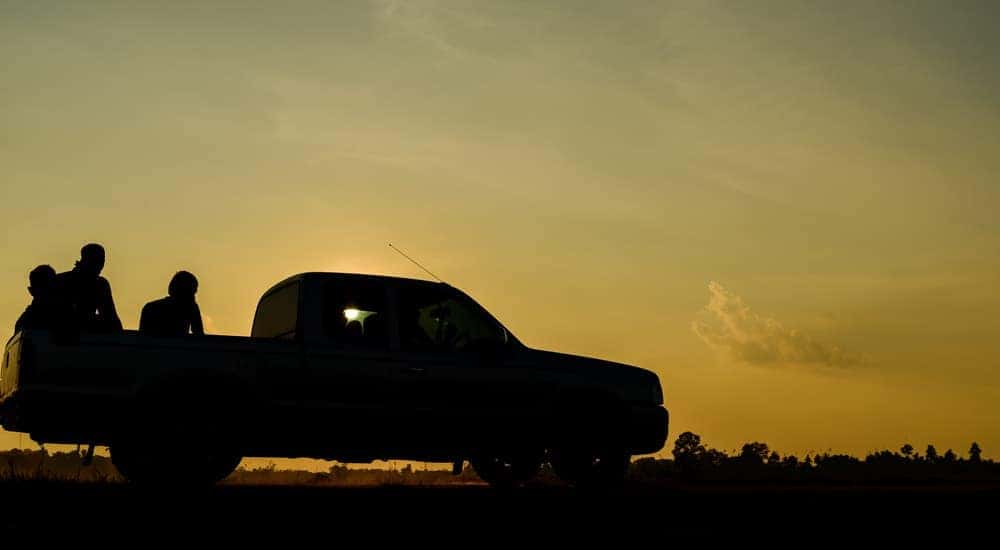 A group of friends are in the bed of their pickup truck while watching the springtime sun set.
