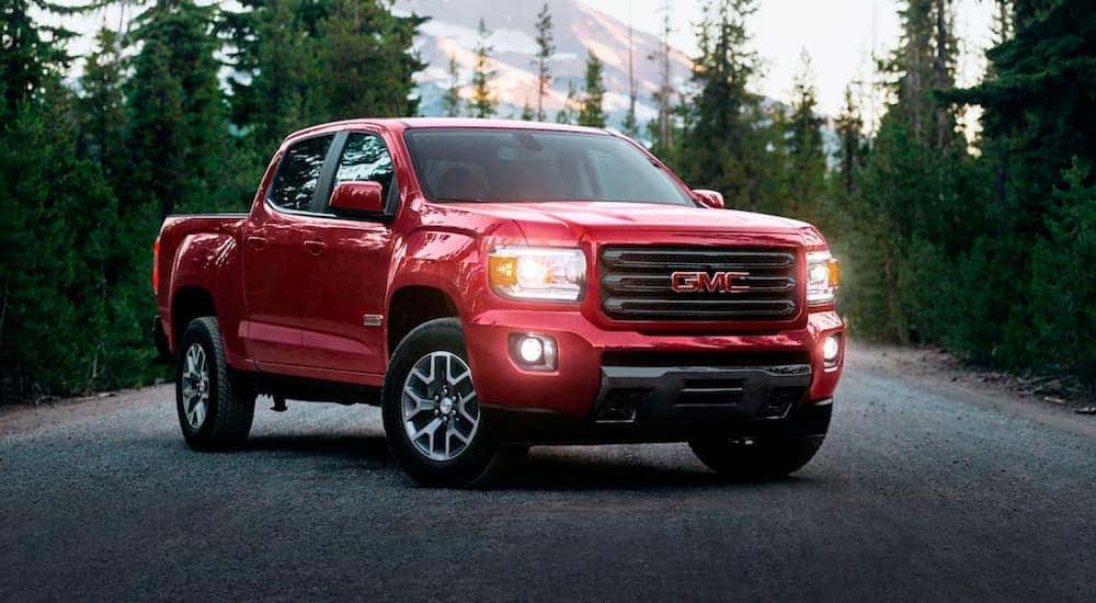 A red 2019 GMC Canyon is shown in a tree-lined road with a mountain in the distance.