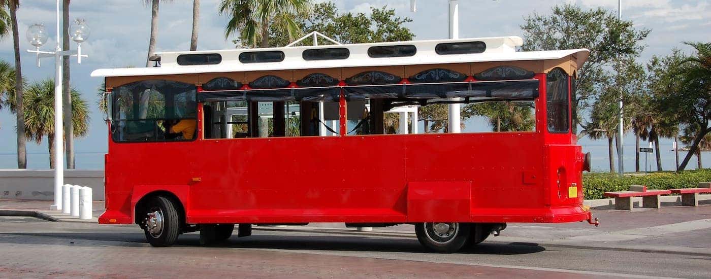 A red trolley car is driving in front of palm trees.