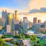 The Atlanta, GA, skyline is shown after sunrise.