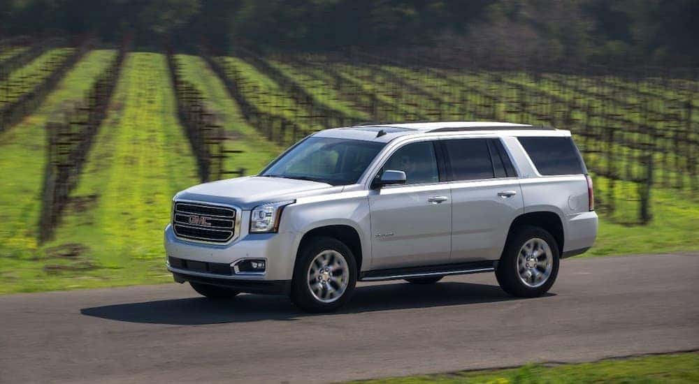 A white 2015 GMC Yukon, a popular used SUV for sale, is in front of a vineyard.