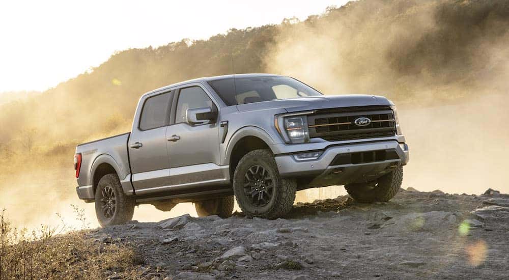 A silver 2020 Ford F-150 is shown from the front at an angle.