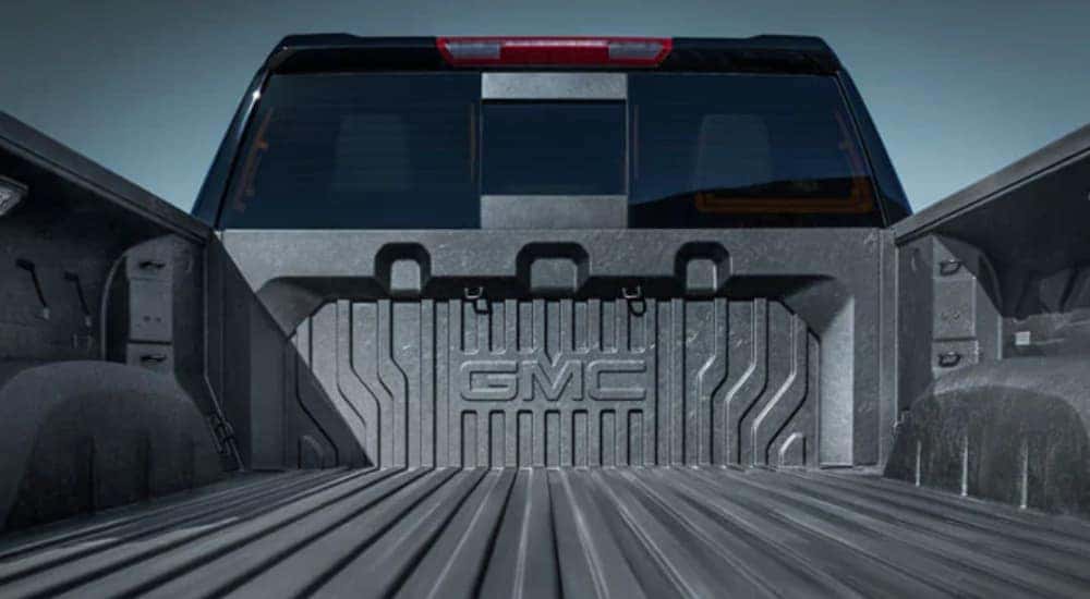 The bed of a 2021 GMC Sierra 1500 is shown in close up.