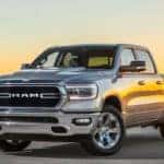 Silver 2019 RAM 1500 parked at sunset