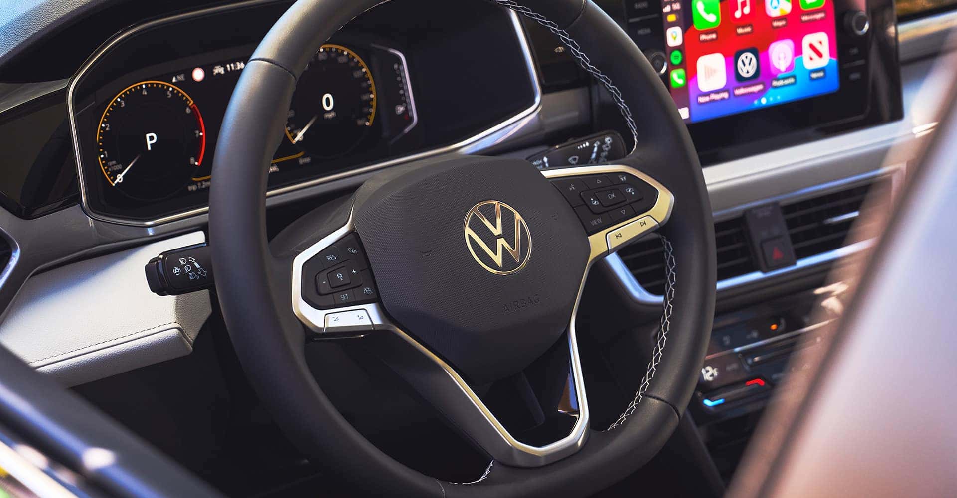 2025 VW Taos close up of steering wheel