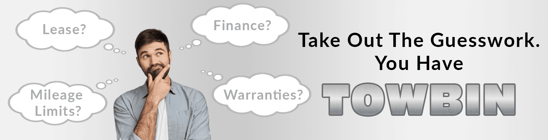 Person contemplating whether to lease or finance a vehicle, with question bubbles reading ‘lease,’ ‘finance,’ ‘mileage limits,’ and ‘warranties.