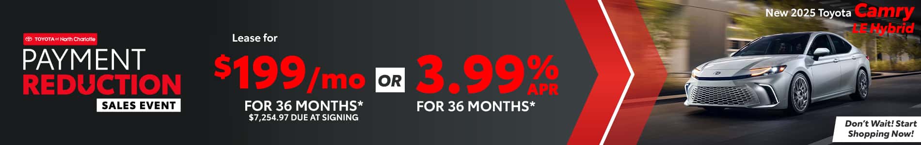 Lease a 2025 Toyota Camry for $199 per month in North Charlotte, NC