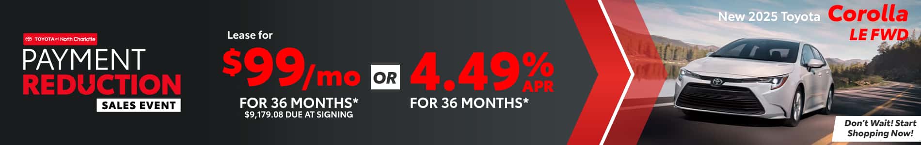 Lease a 2025 Toyota Corolla LE for $99 per month in North Charlotte, NC
