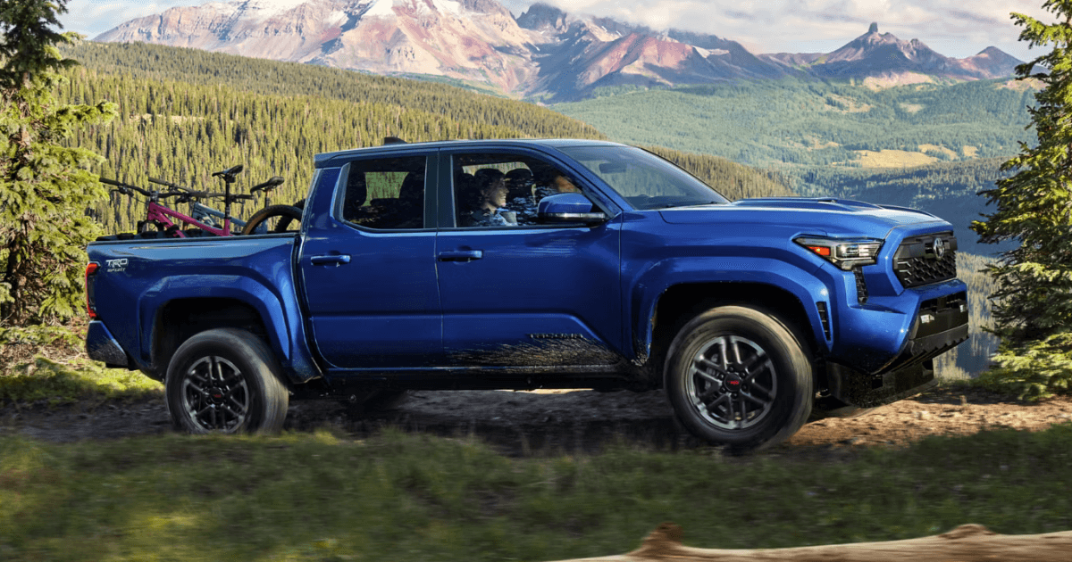 A Toyota Tacoma driving through the mountains